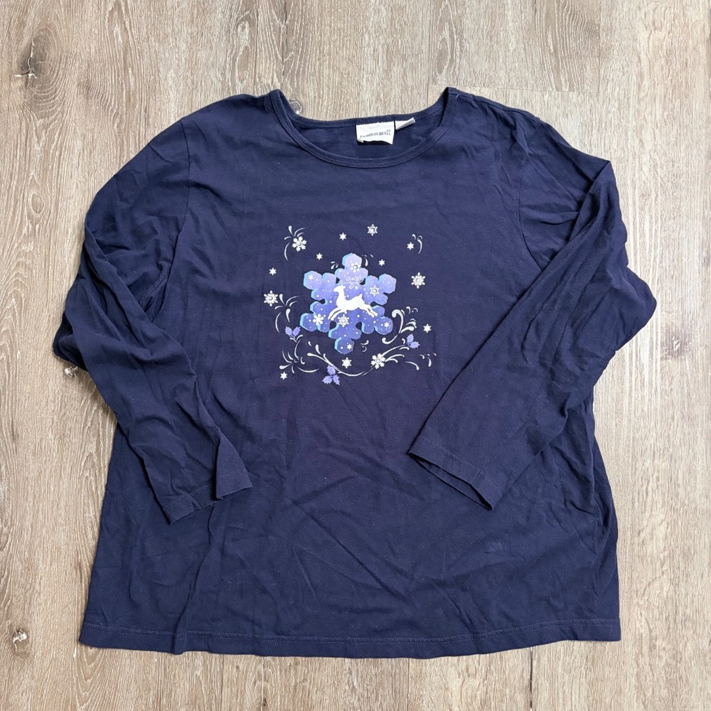 Fashion Bug Navy Blue Reindeer Snowflake Graphic Long Sleeve Tee Shirt 2X Cotton